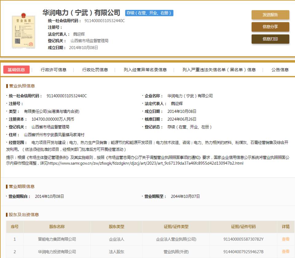華潤電力(寧武)因不執(zhí)行政府指導價、政府定價行為被罰